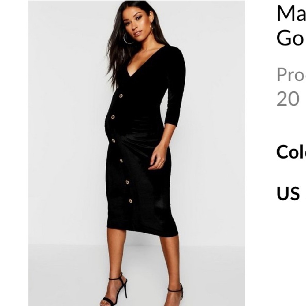 Maternity Velvet Wrap Front Gold Button Midi Dress
